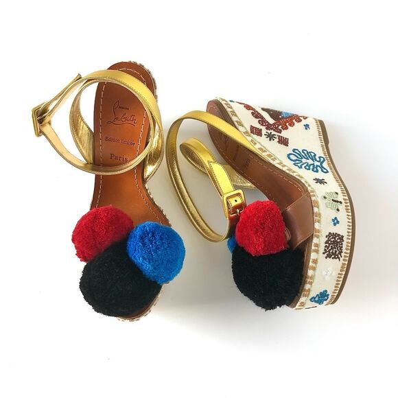 Christian Louboutin Cycladissimo Pompom Embroidered Platform Wedge Sandals 36 - Picture 2 of 11